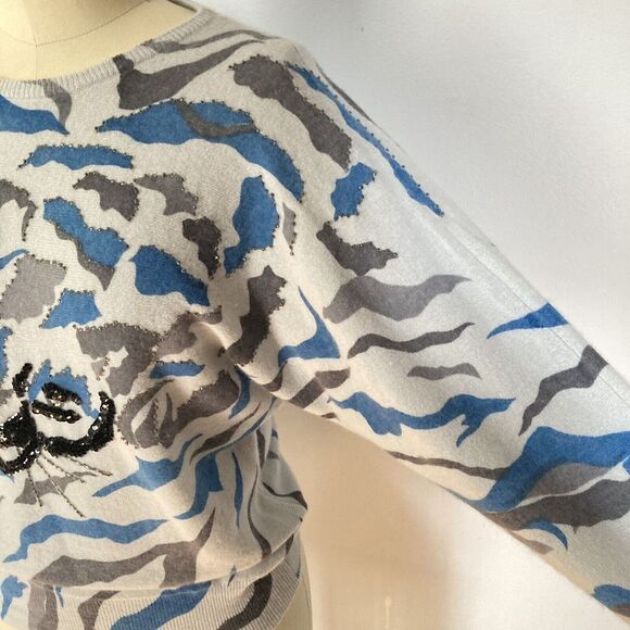 Vtg Sweater 80s 90s Blue Tiger Beaded Sequins Wool Angora Cat Lady NEW Deadstock - Picture 3 of 7